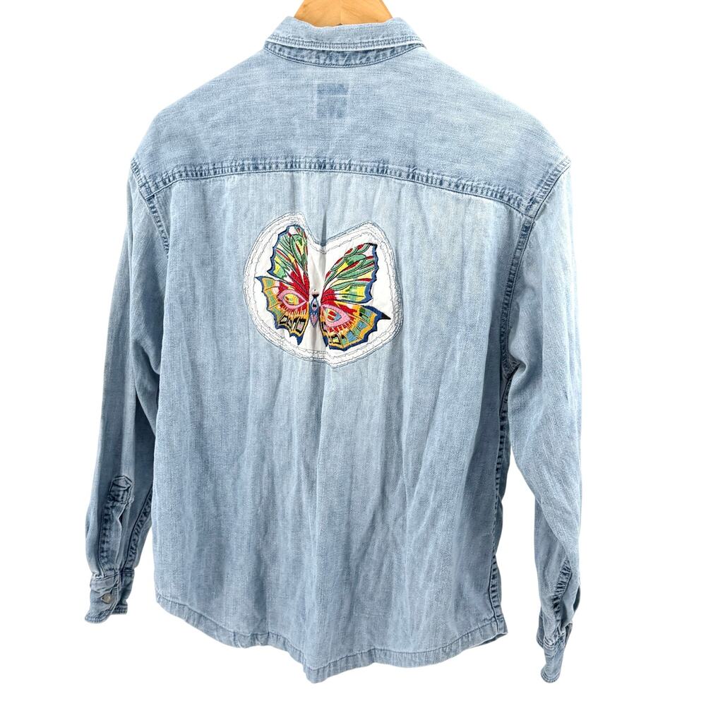 Vintage 90s Gap Light Blue 100% Cotton Butterfly Embroidered Denim Shirt